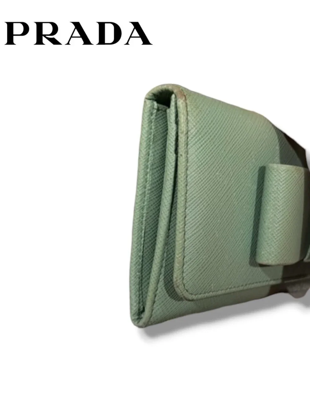 PRADA Fiocco Bow Saffiano Leather Long Wallet Green Foldover Clutch Flap Italy